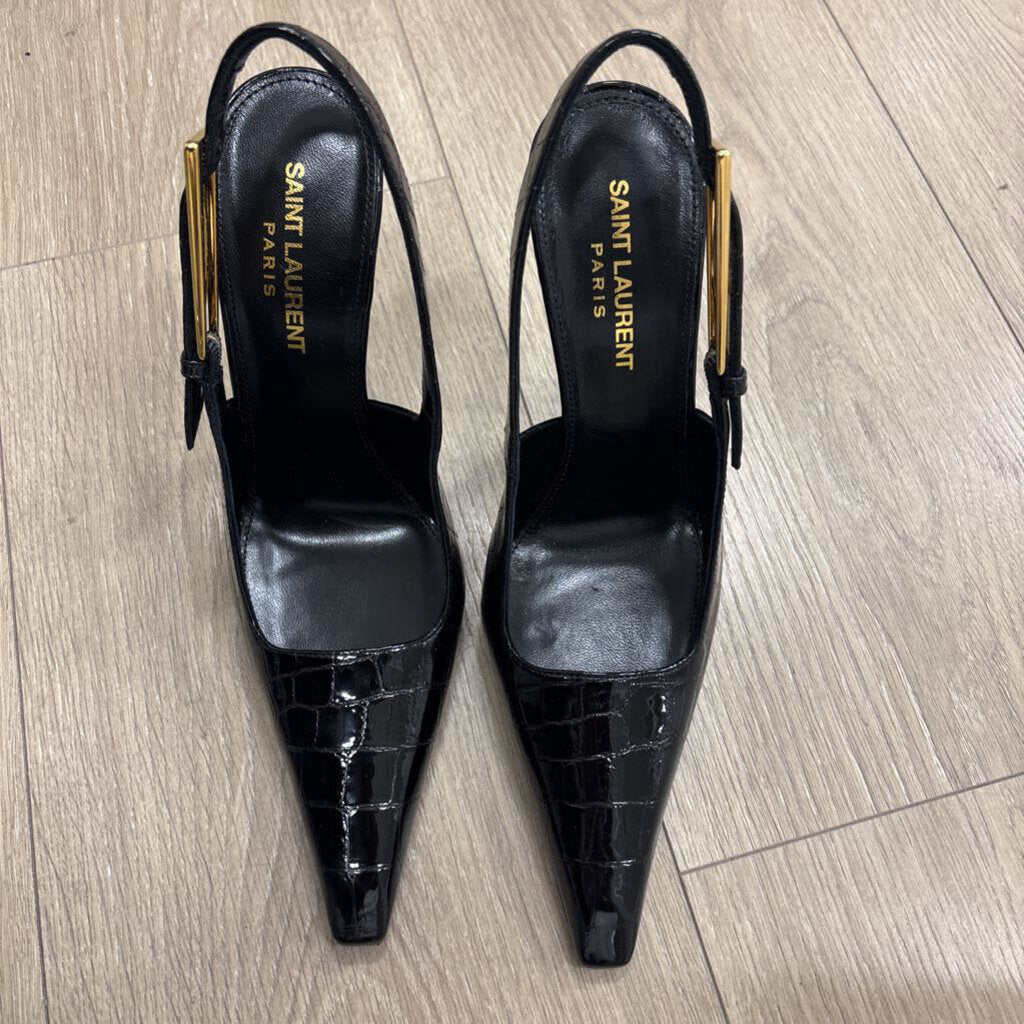 Black Patent Croc Embossed Leather Slingback Pump