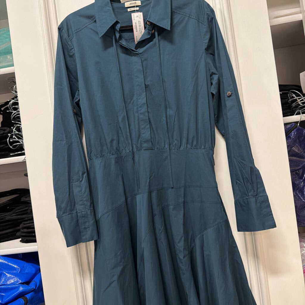 Teal Blue Cotton Blend Midi Dress, 10