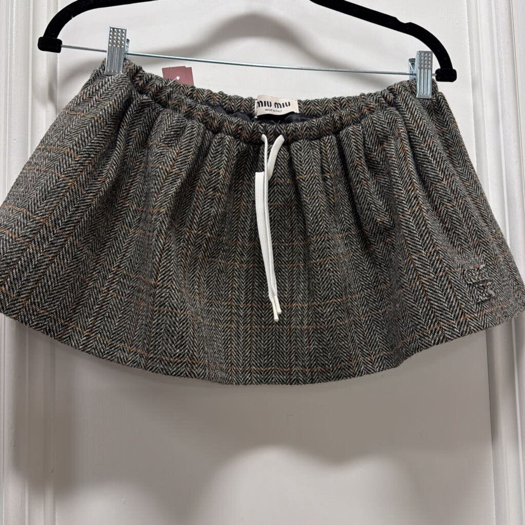 Gray/Brown Wool Chevron Drawstring Mini Skirt
