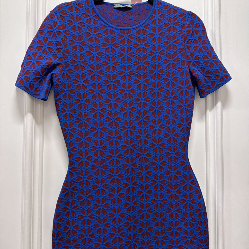 Blue/Red Short Sleeve Viscose/Rayon Jacquard Pattern Dress