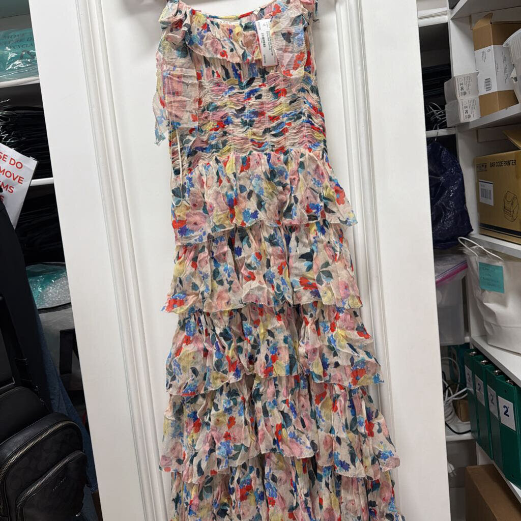 Multicolor Floral Silk Ruffle Midi Dress