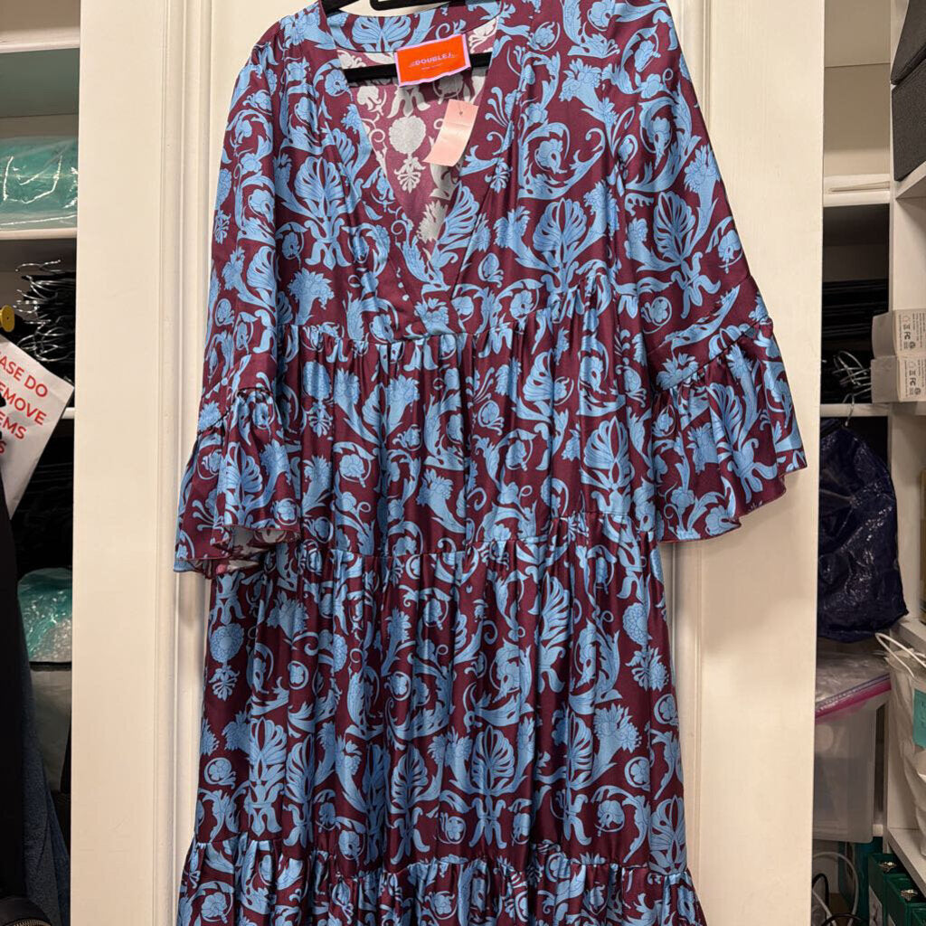 Burgundy/Light Blue Floral Silk VNeck Tiered Sleeves Dress