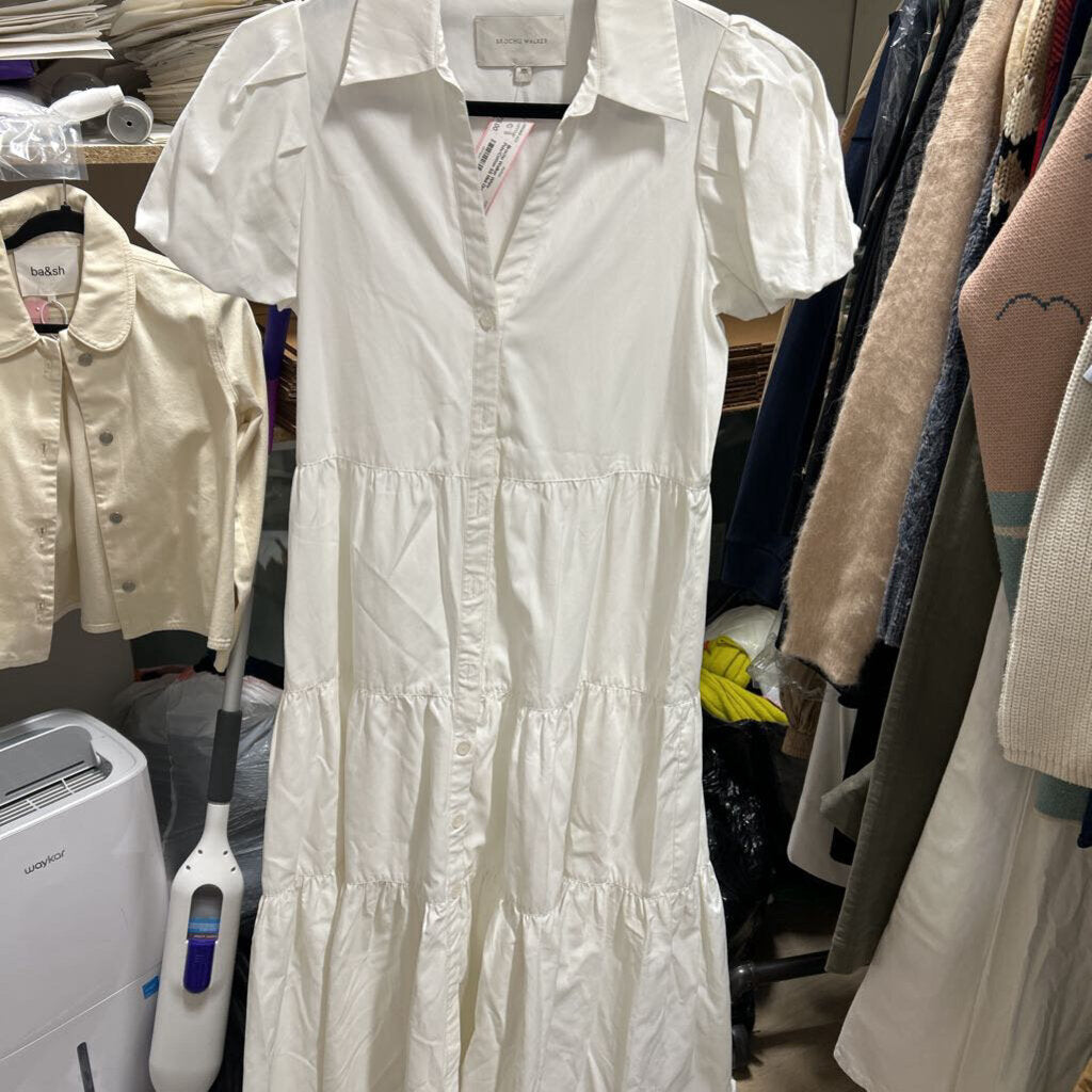 White Poly/Cotton SS Midi Dress