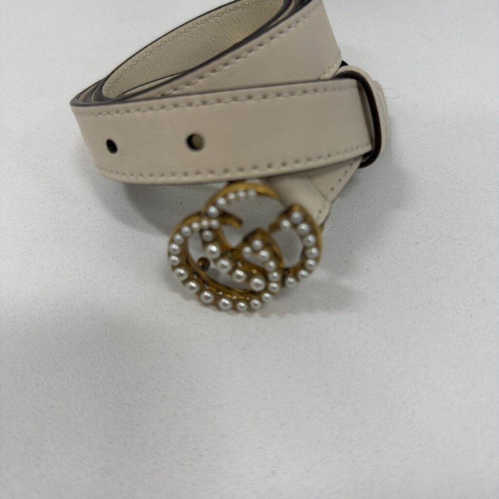 Gucci Cream Leather Skinny Pearl GG Belt, 80
