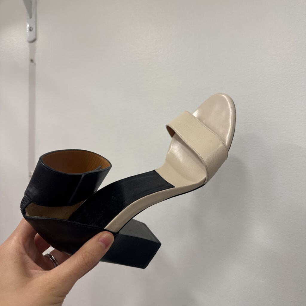 White/Black Leather Heeled Sandals