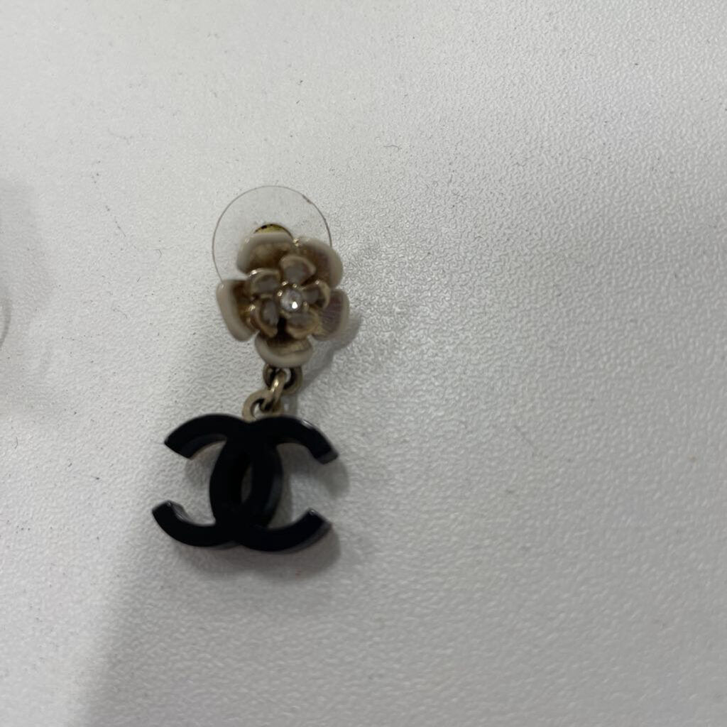 Black Enamel CC Camelia Drop Earrings