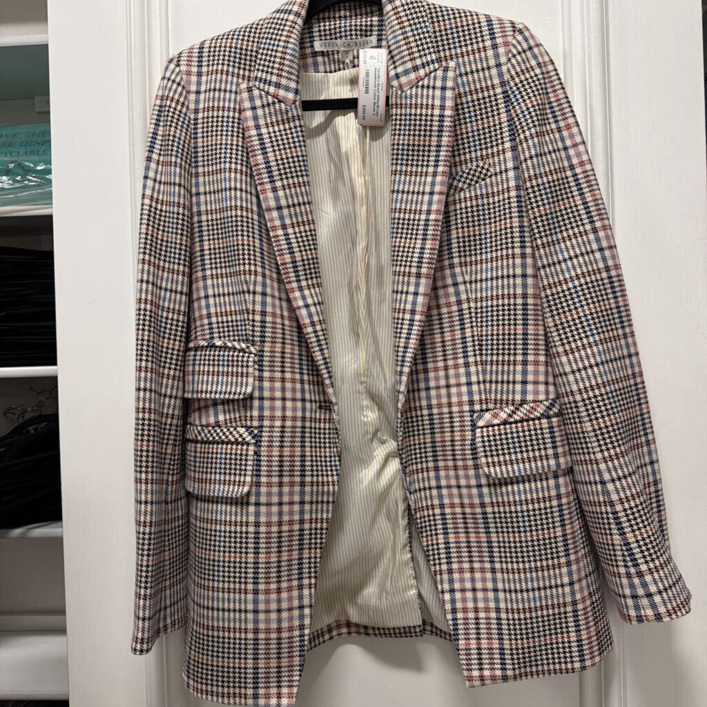 White/Brown Houndstooth Cotton Blazer