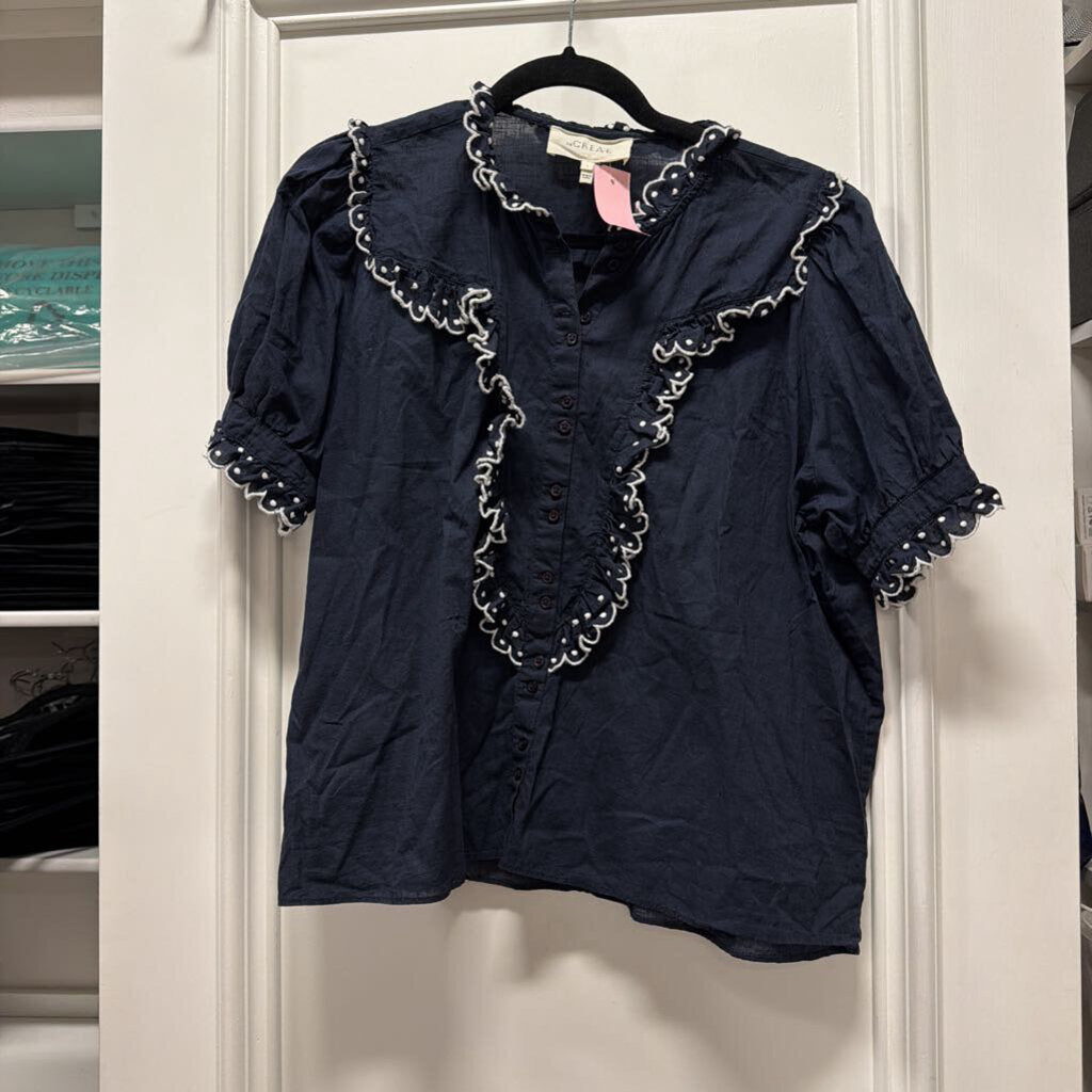 Navy Cotton Ruffle-Trim Top