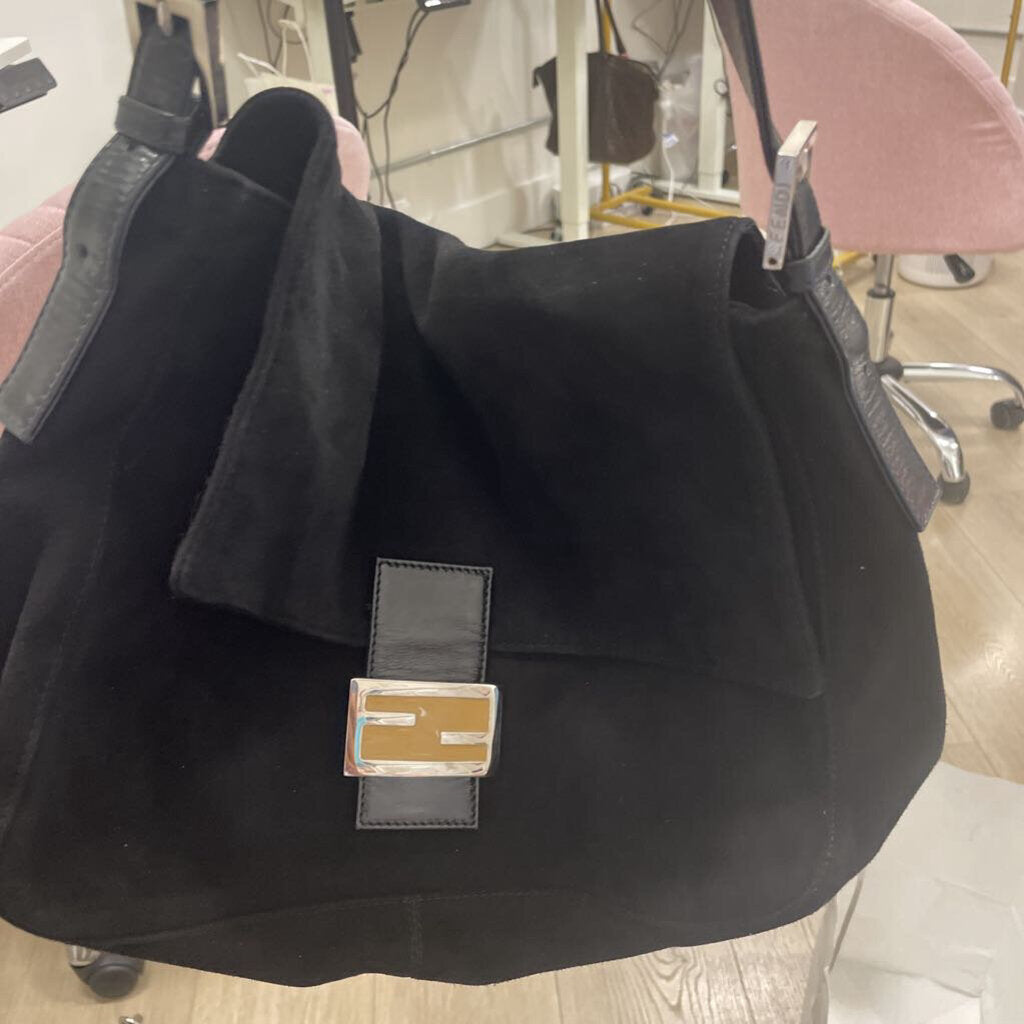 Black Suede Mamma Baguette Shoulder Bag