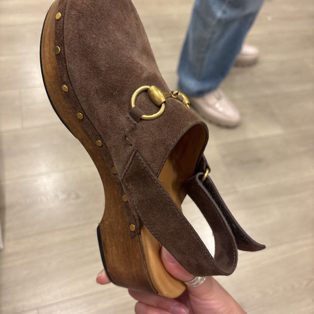 Brown Suede Horsebit Clog (as is stud missing)