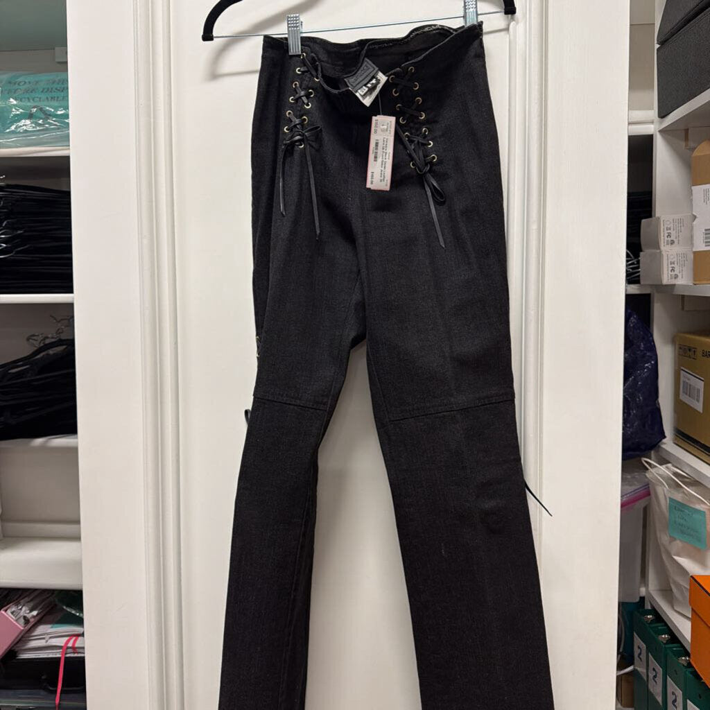 Black Denim Leather Lace Up Front/Sides Jeans