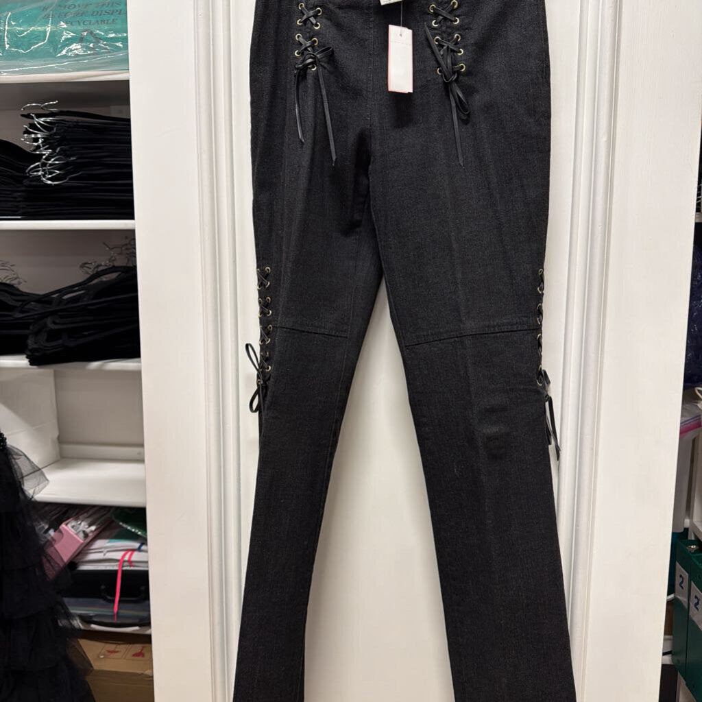 Black Denim Leather Lace Up Front/Sides Jeans