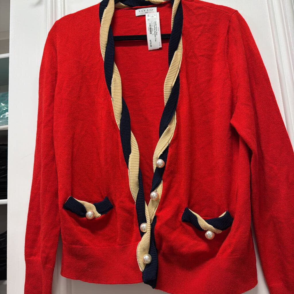 Red Viscose/Poly Braided Trim Cardigan