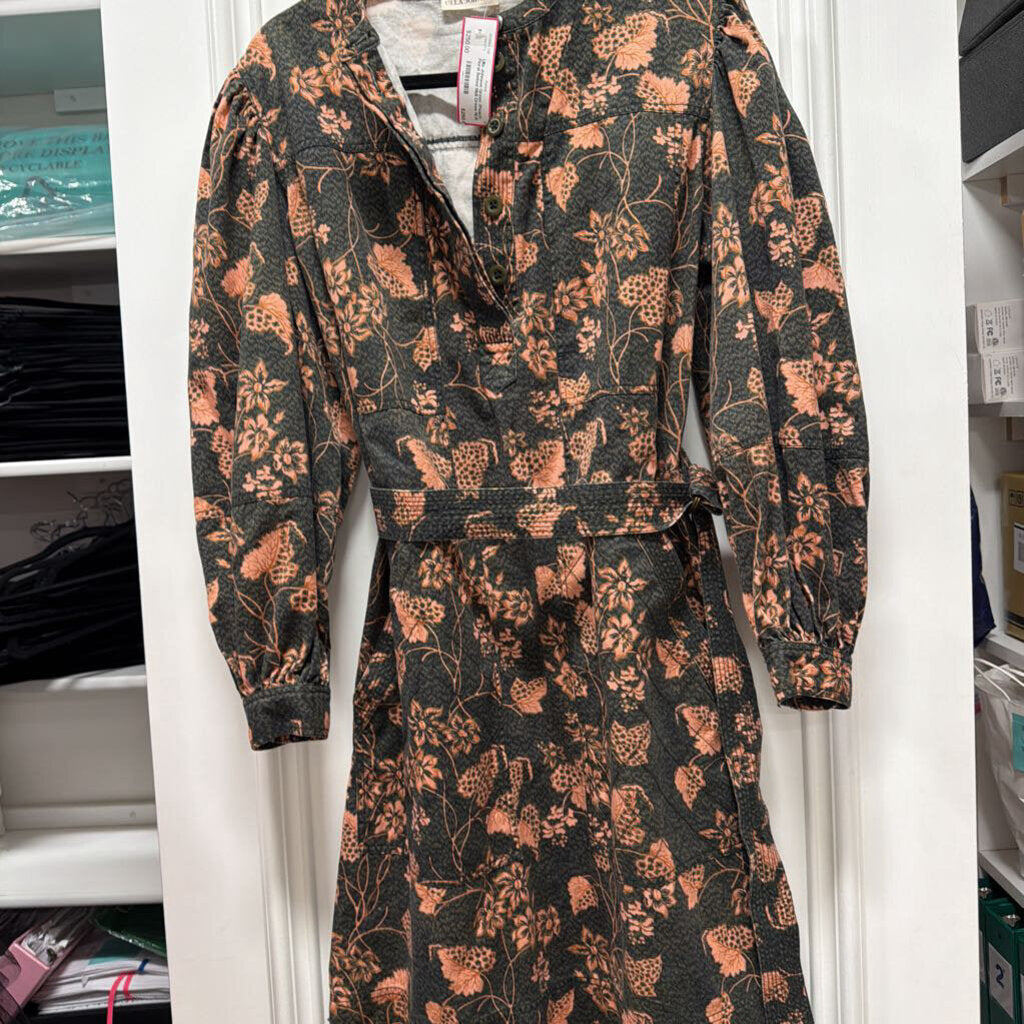 Green /Peach Floral Belted Midi Dress
