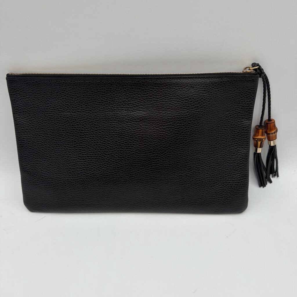 Black Leather Bamboo Tassel Clutch