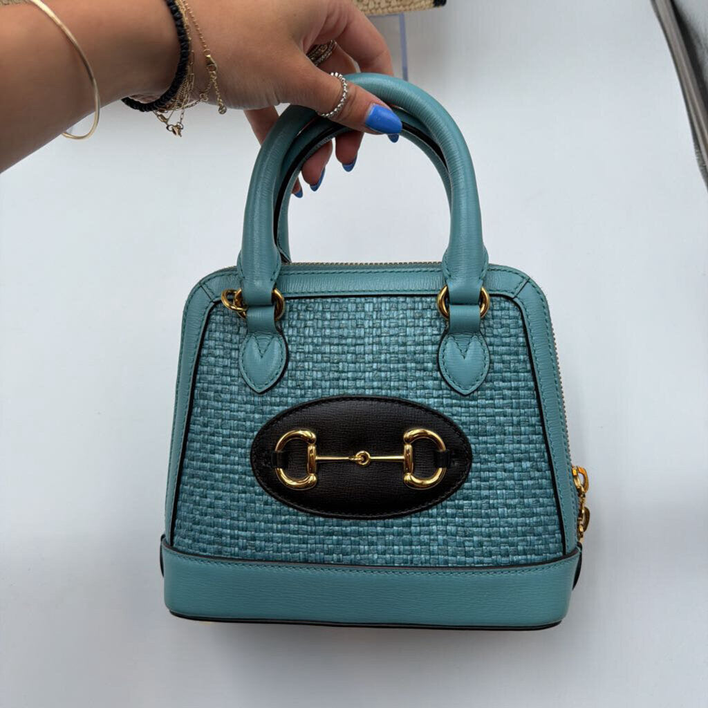 Blue Raffia 1955 Horsebit Dome Bag