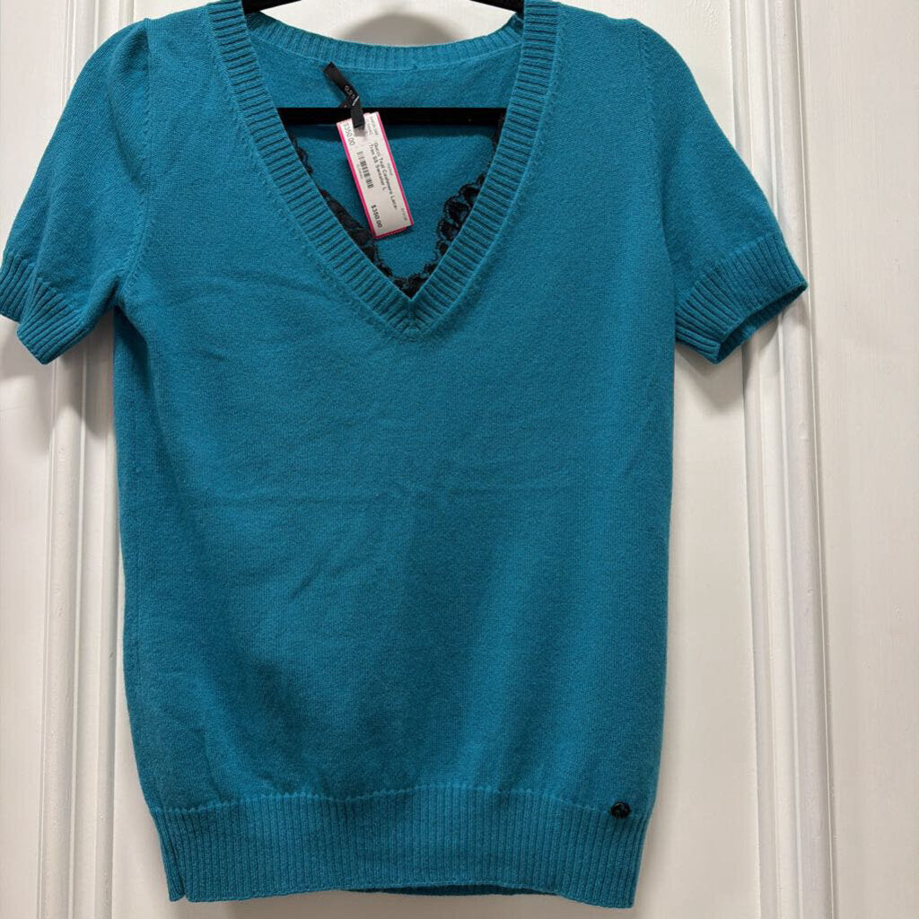 Teal Cashmere Lace-Trim SS Sweater