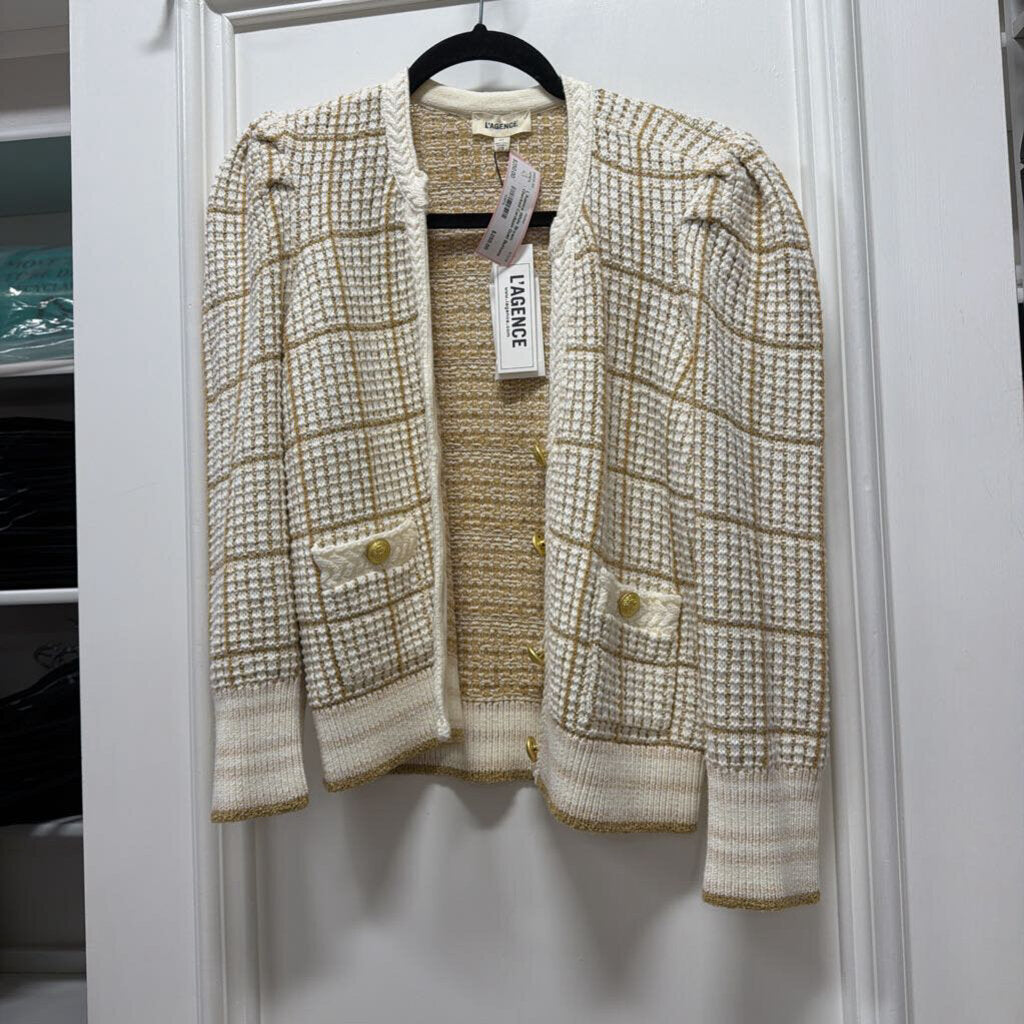 White Brown Checked Cardigan Gold Buttons Sweater