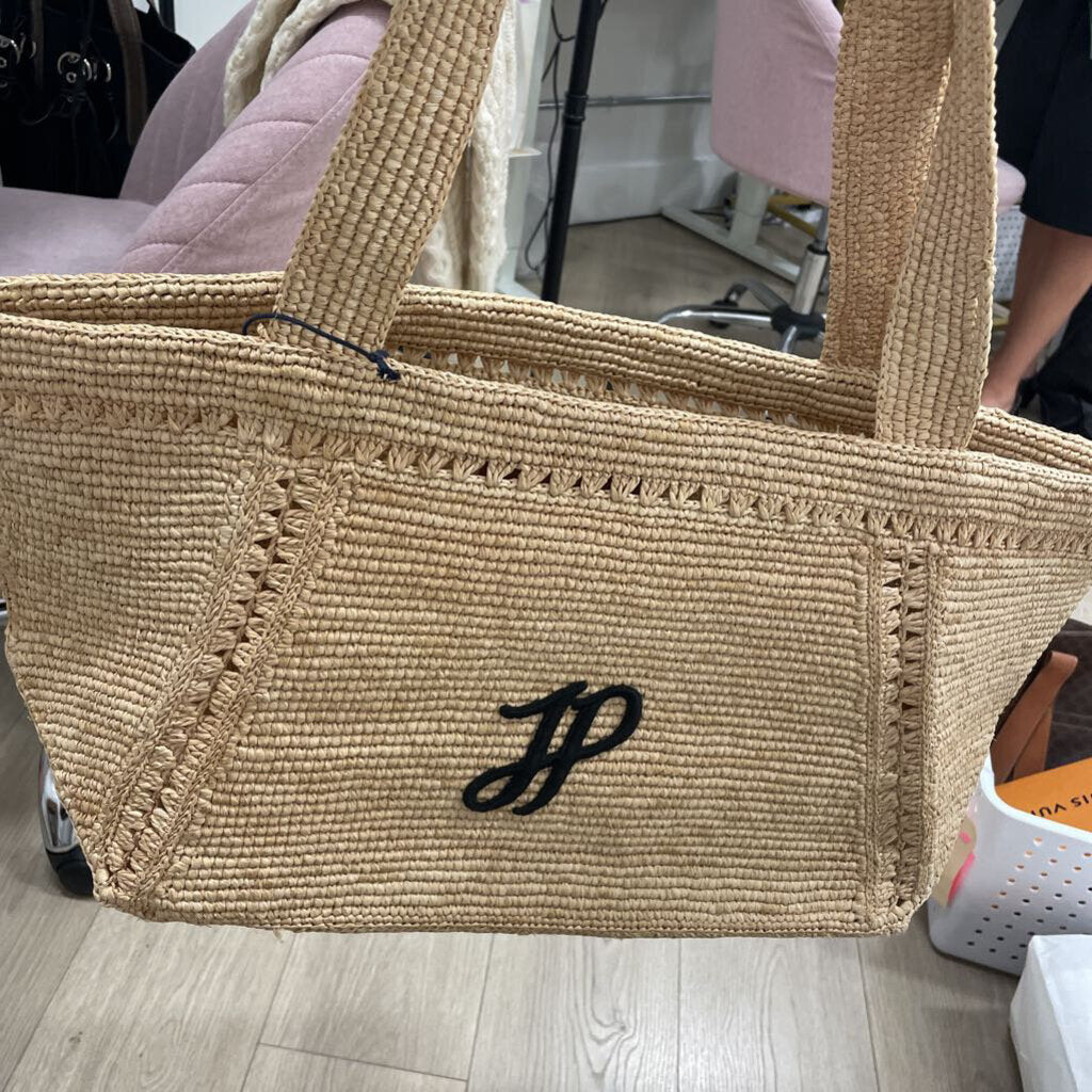 Raffia Embroidered Black Logo Tote