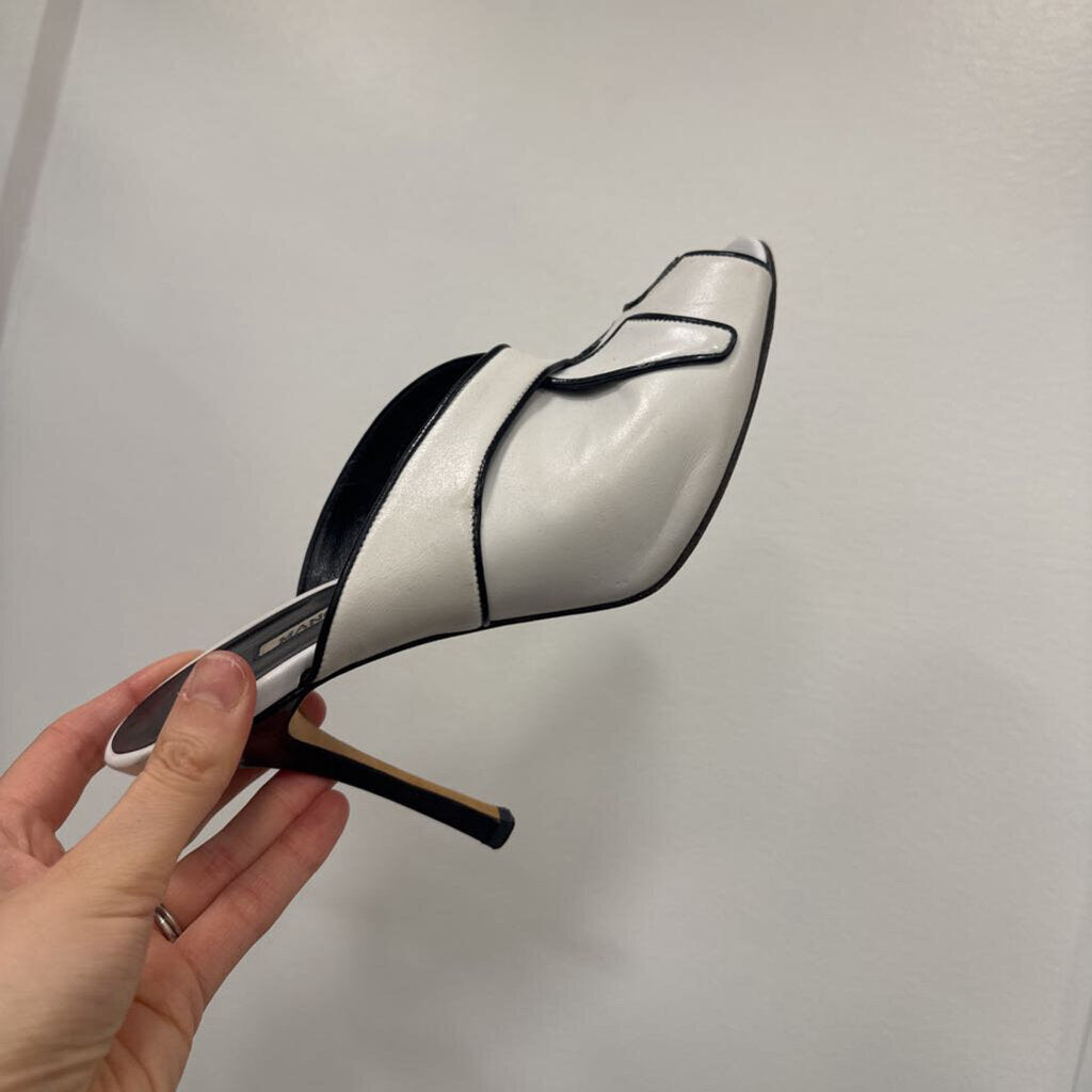 White/Black Leather Heeled Mules