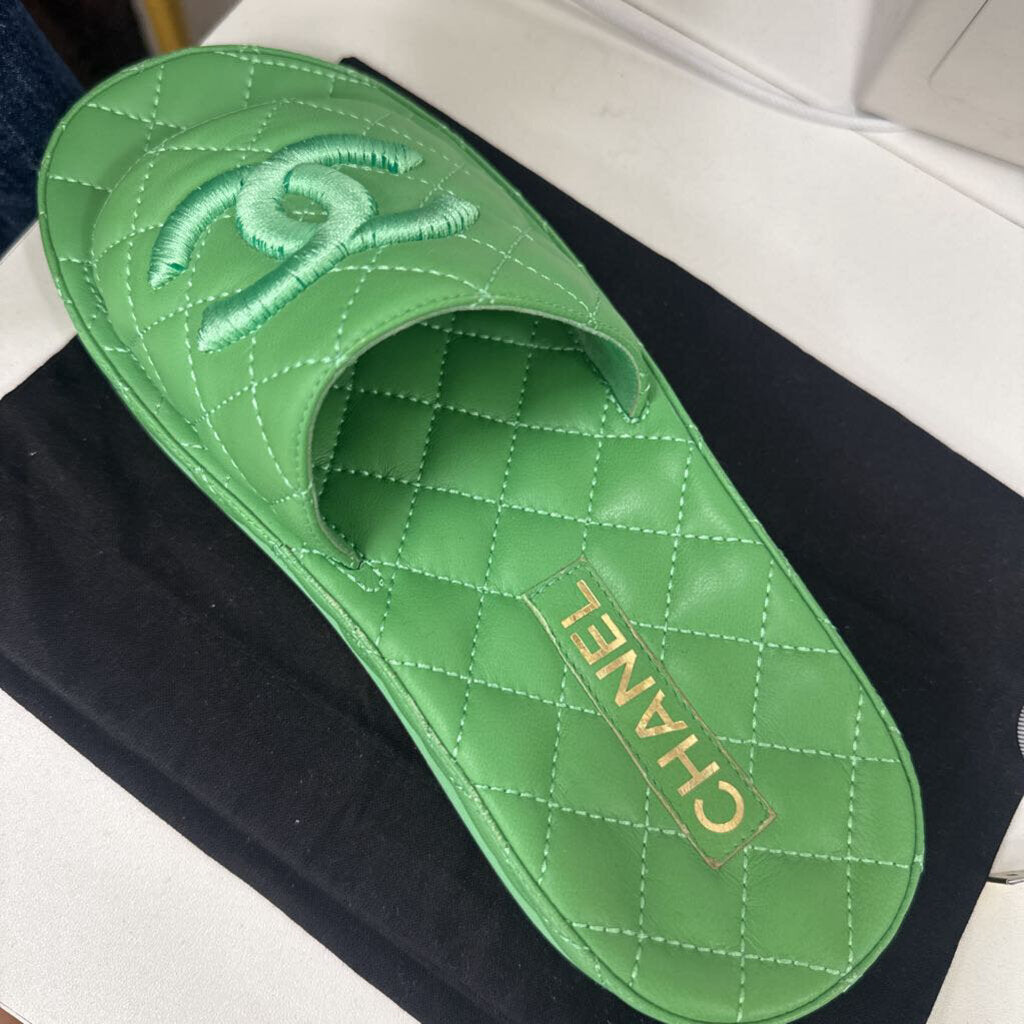 Green Leather Quilted CC Slides