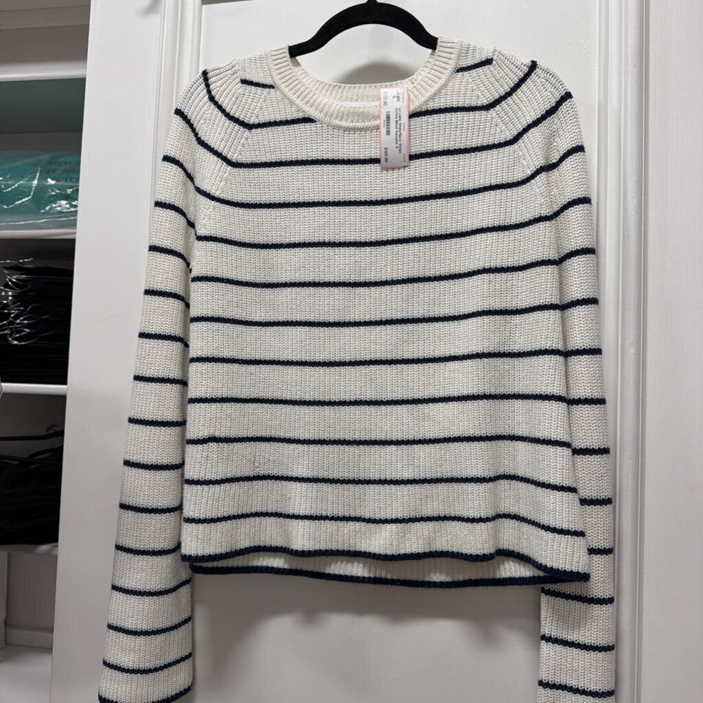 White/Navy Stripe Cotton Blend Sweater