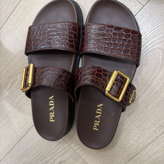 Prada Brown Calfskin Embossed Crocodile Sandal