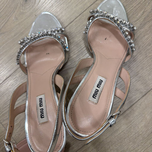 Silver Miu Miu Rhinestone Strappy Heels