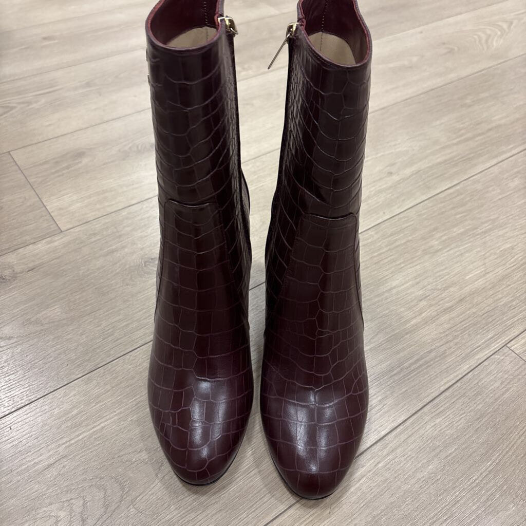 Red Croc Embossed Leather Heeled Boot