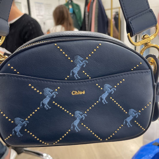Navy Leather Embroidered Horse Crossbody