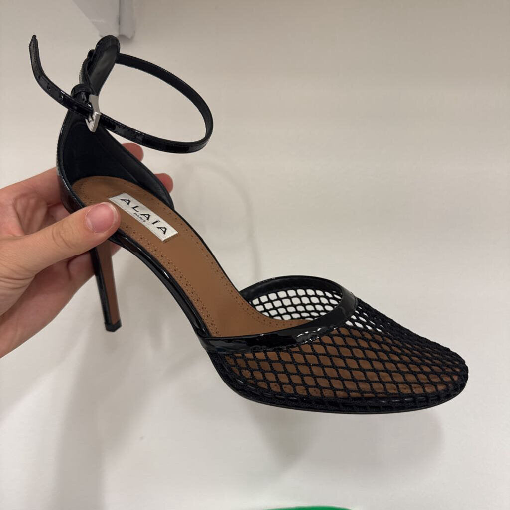 Black Fishnet Patent Ankle Strap Pumps