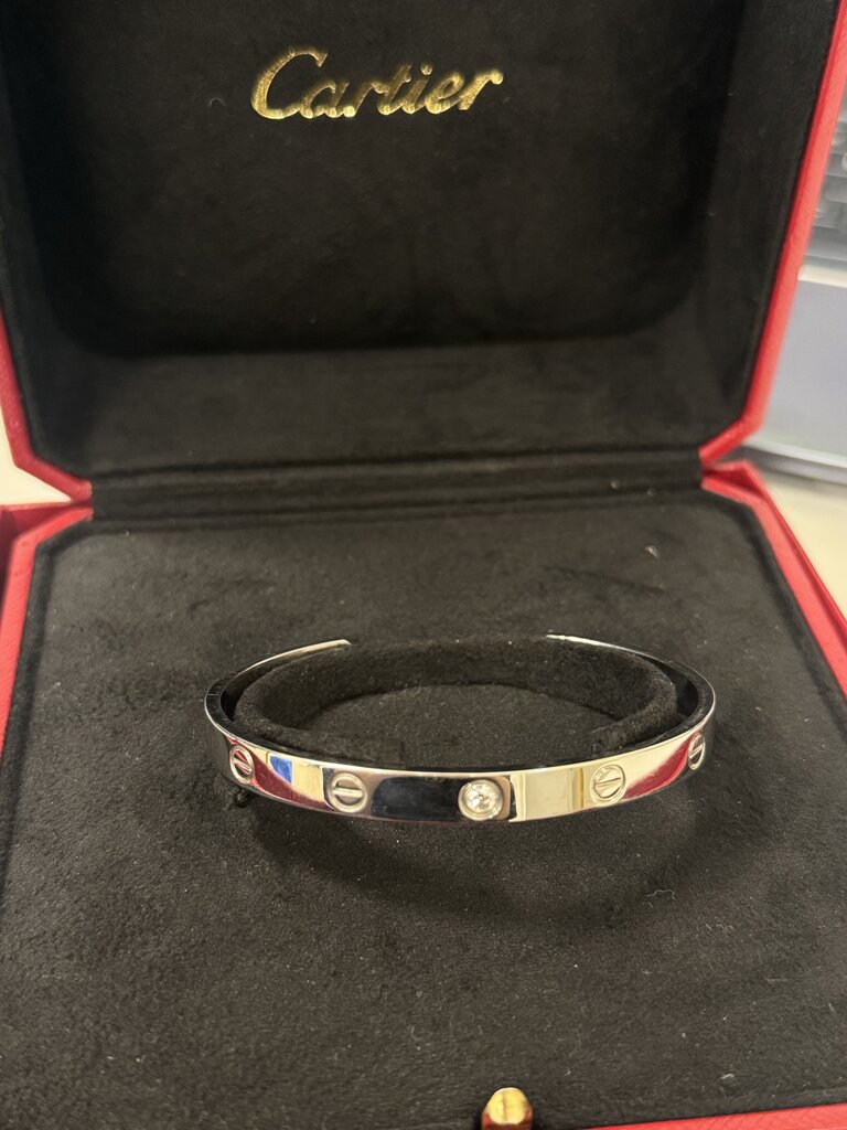 18k WG Love Cuff Single Diamond Bracelet w/ Box