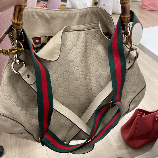Cream Guccissima Leather Peggy Bamboo Hobo