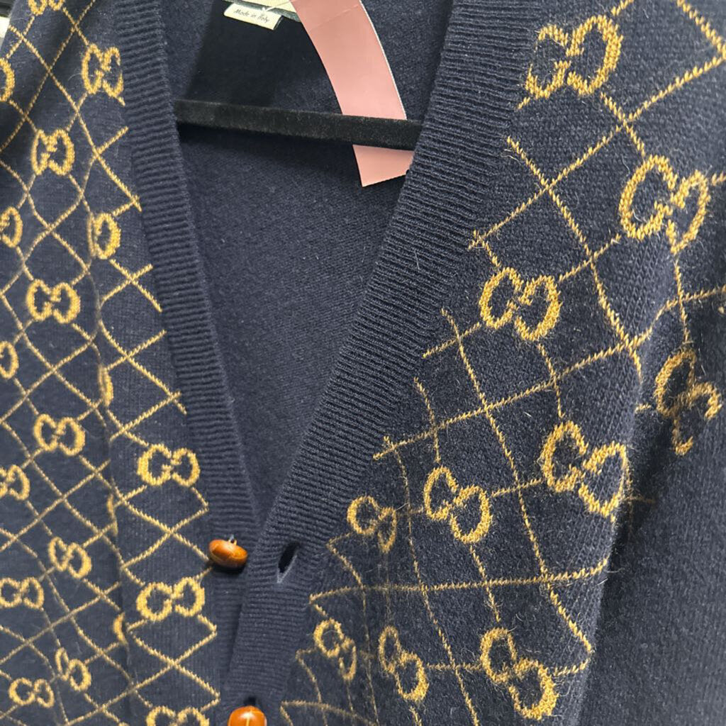 Navy/Camel Wool Monogram Cardigan