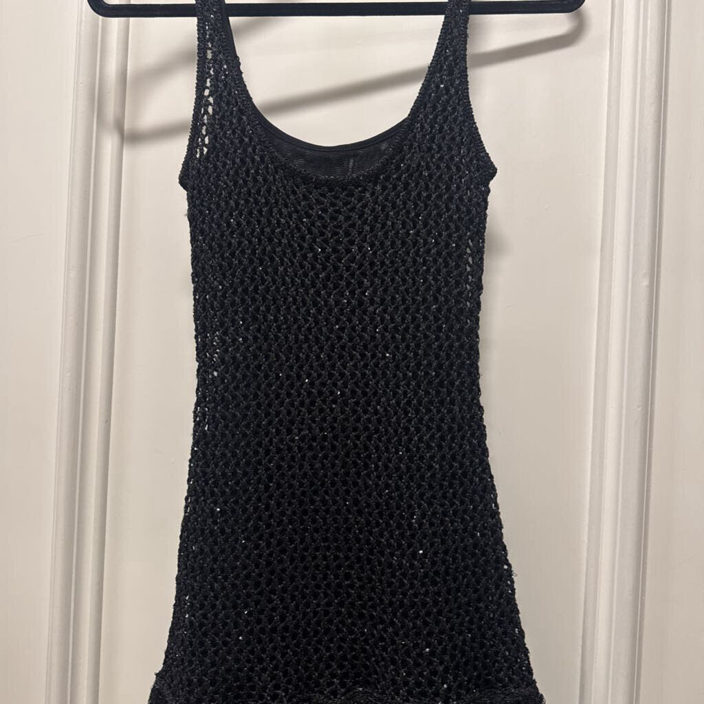 Black Poly Knit Fringe Dress