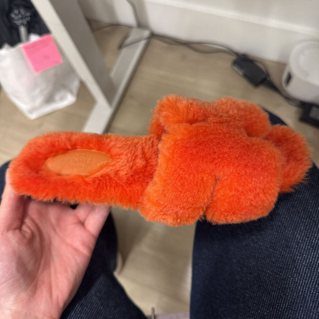 Orange Shearling Slides