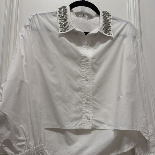 White Cotton Crop Crystal Embellished Button Up Top