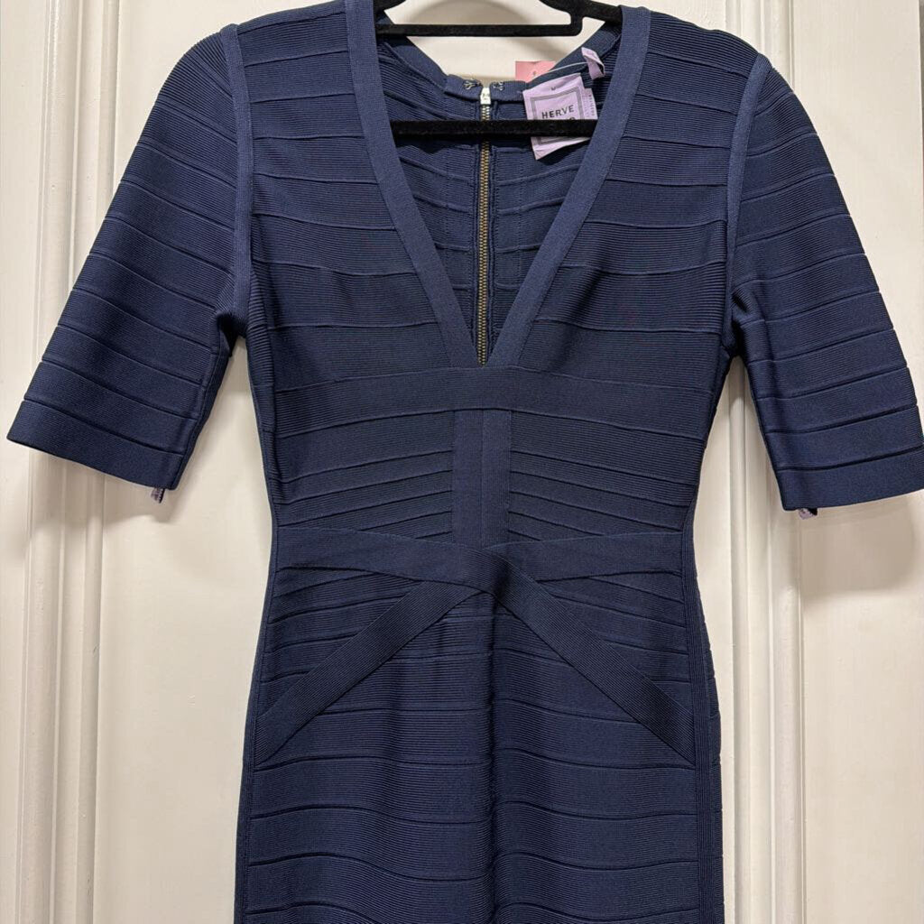 Navy V Neck Midi Rayon Blend Dress