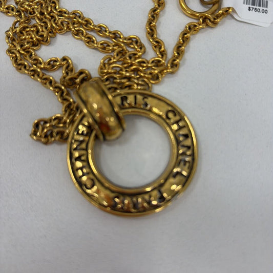 Gold Plate Circle "Chanel Paris" Pendant Necklace