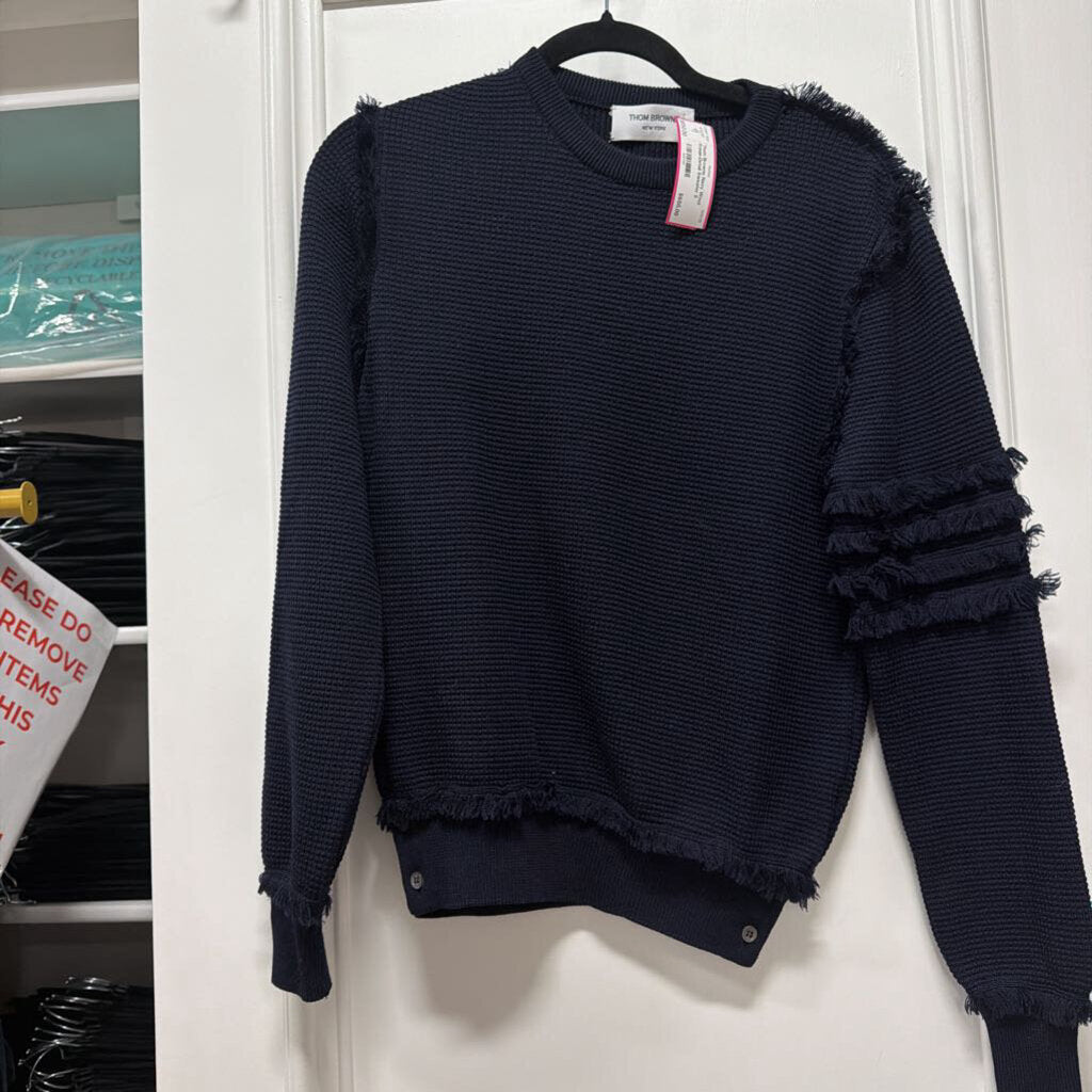 Navy Wool Fringe-Detail Sweater
