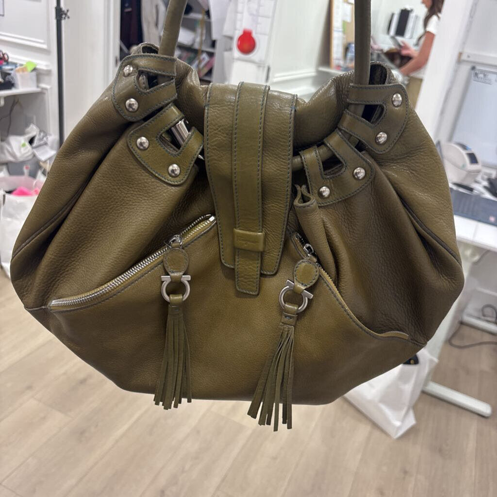 Olive Green Leather Fringe Hobo Bag