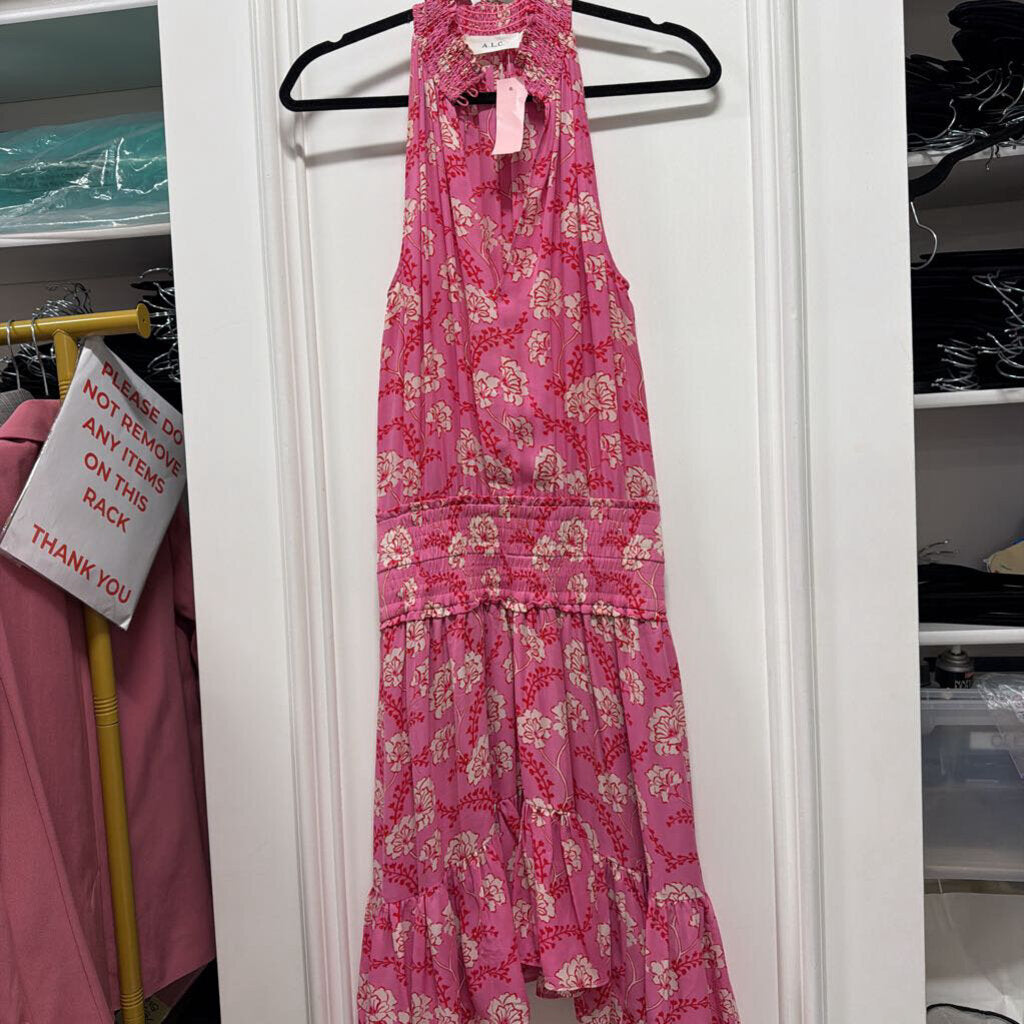 Pink Floral Sleeveless V Neck Gathered Waist