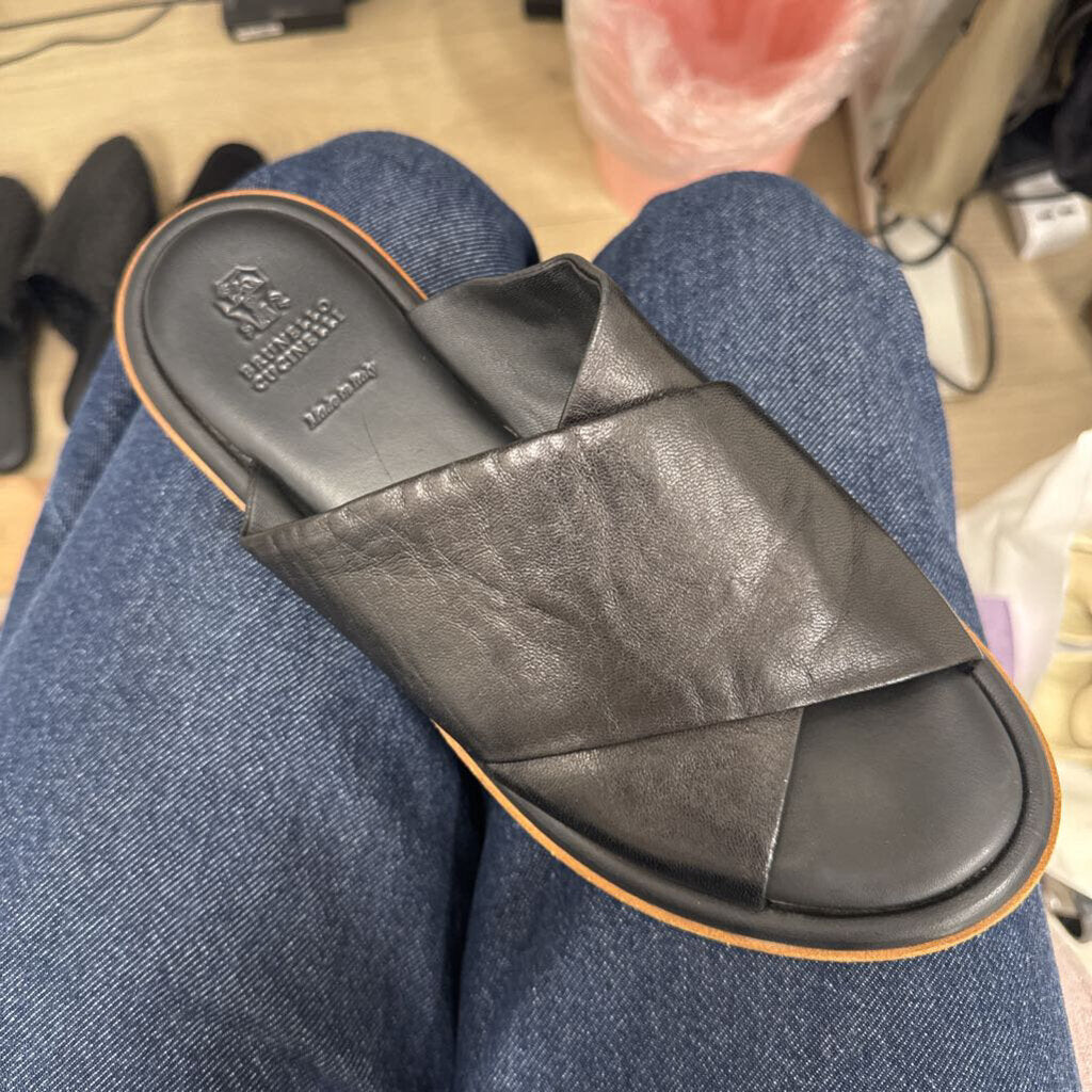 Black Leather Cross Strap Slides