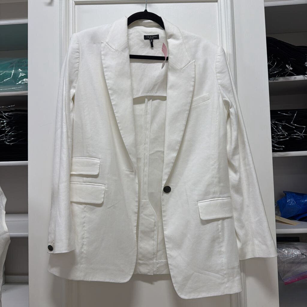 White Linen Blend Blazer, 8