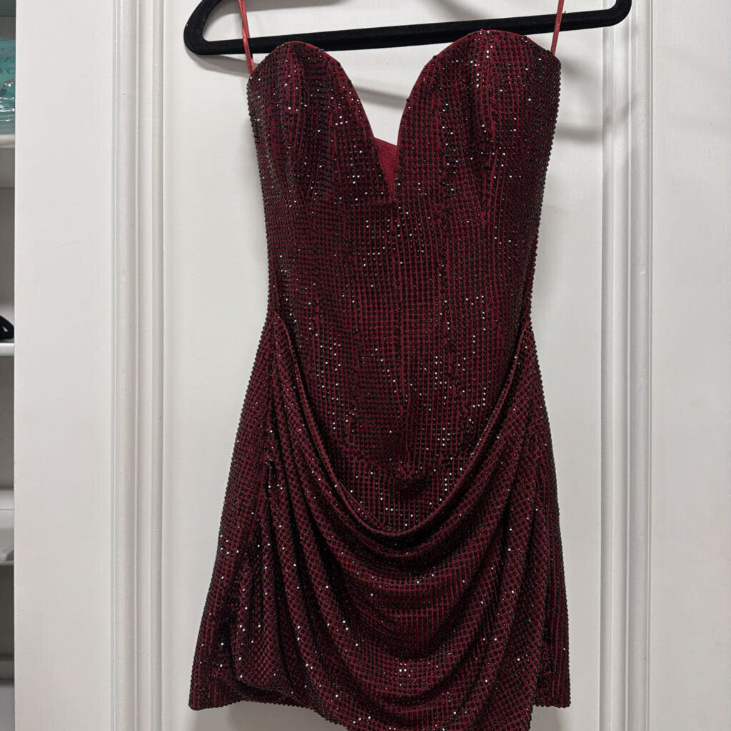 Burgundy Viscose Blend Embellished Mini Dress, n/a
