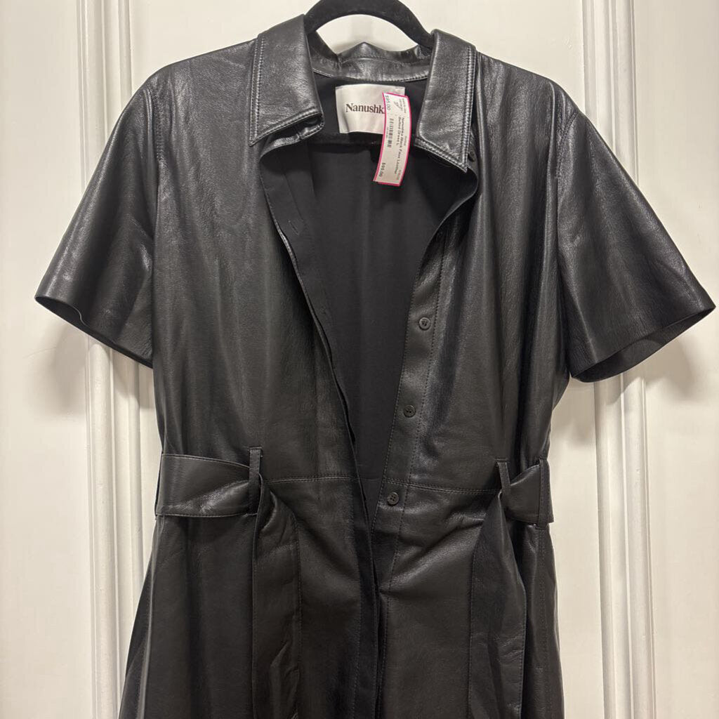 Black Faux Leather Belted Dress