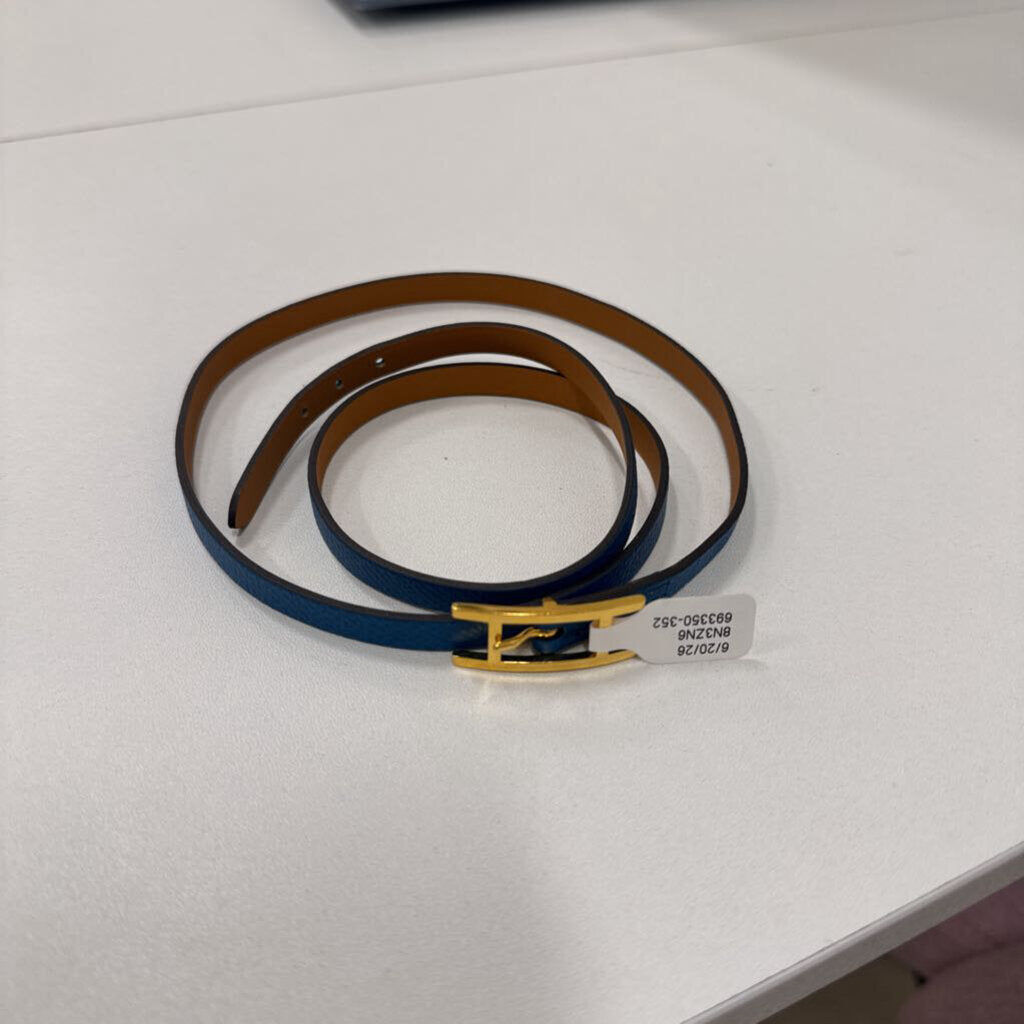 Gold Tone + Blue Leather Double Tour Bracelet