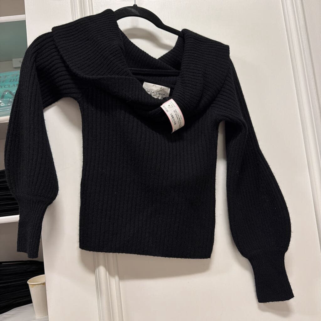 Black Wool Blend Off Shoulder Crop Sweater, XS