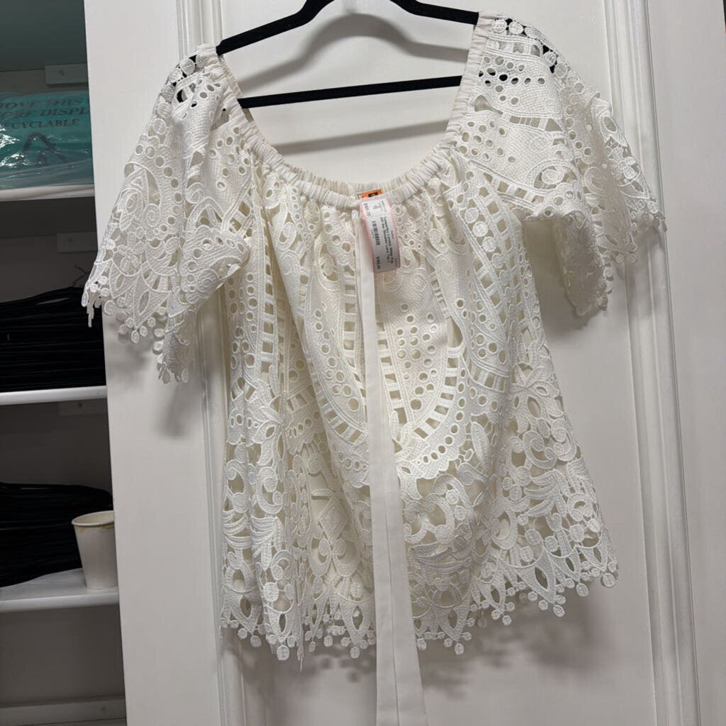 White Poly Off the Shoulder Lace Top