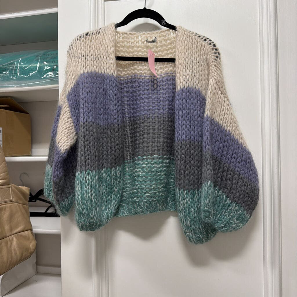Green/White/Purple Mohair Blend Loose Knit Cardigan Sweater